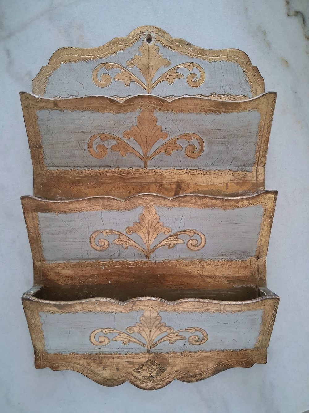 Vintage Italian Florentine Gold Gilt and Cream Ornate Wall Mail Organizer
